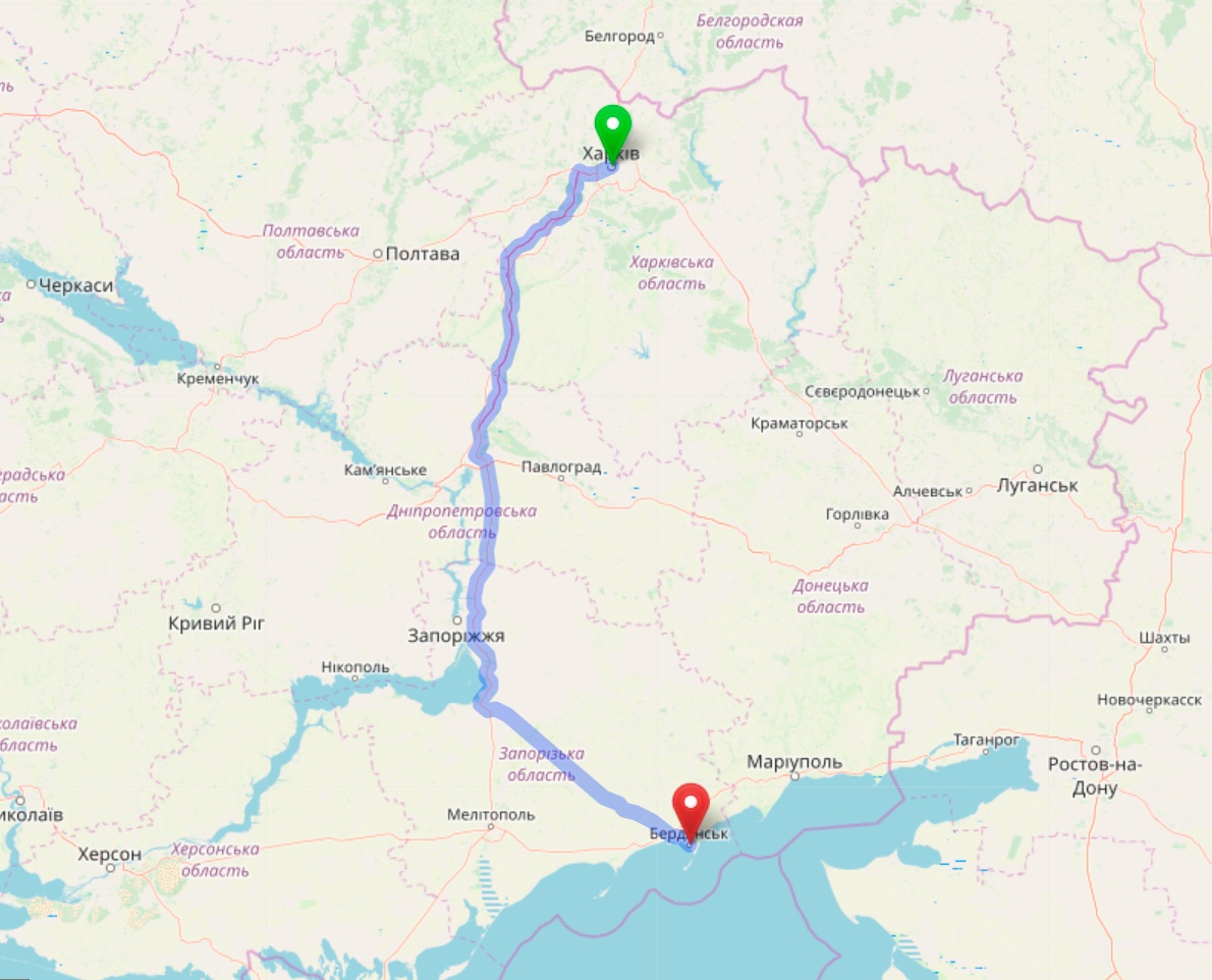 Схема проезда из Харькова в Бердянск
