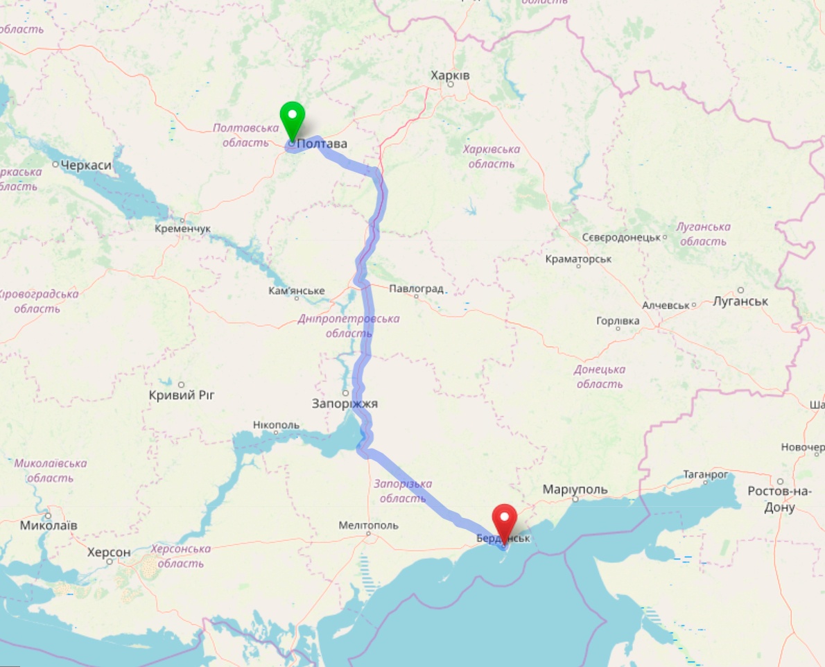 Схема проезда из Полтавы в Бердянск