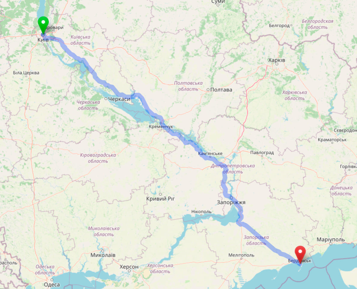 Схема проезда из Киева в Бердянск