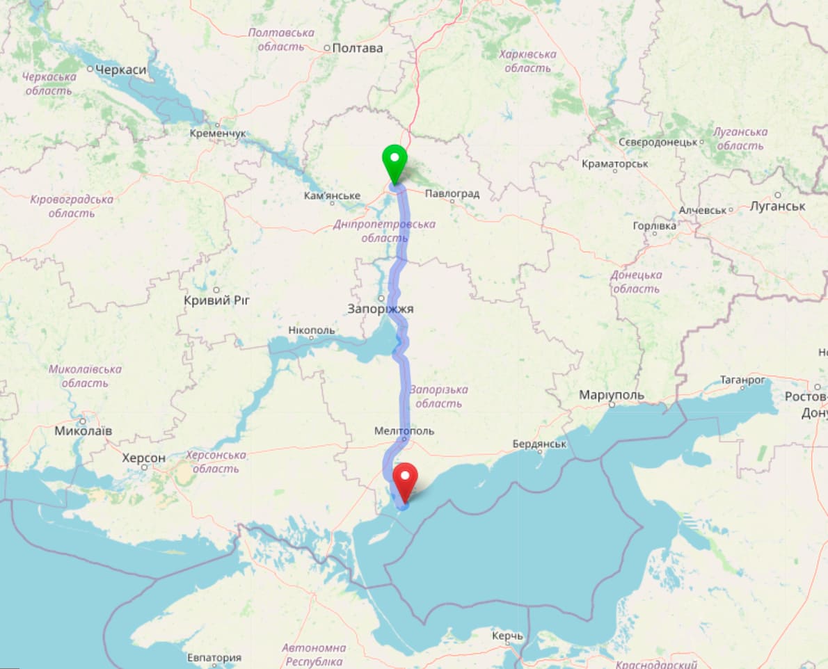 Маршрут Новомосковск-Кирилловка на карте